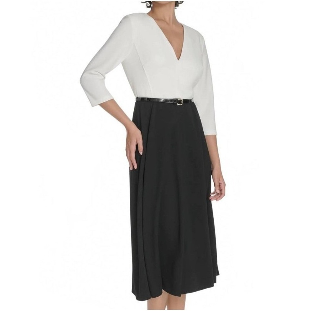 Tommy Hilfiger Belted V Neck Half Sleeve Contrast A Line Dress Women Size 12 NWT